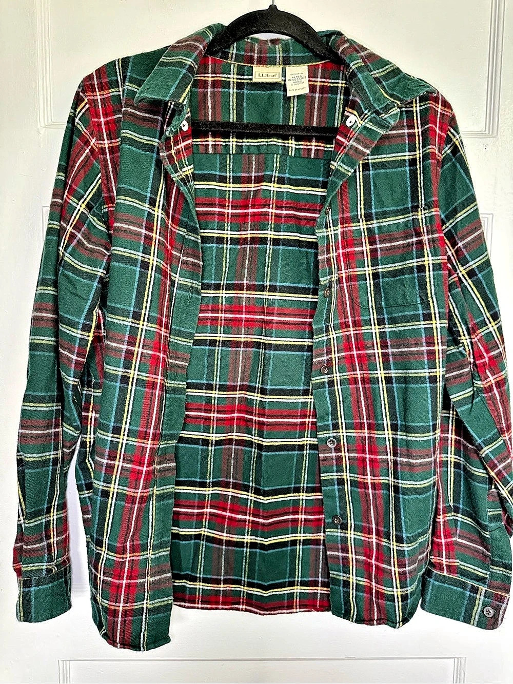 L.L.Bean Men's Scotch Plaid Cotton Flannel Shirt Tartan Green & Red Size Medium